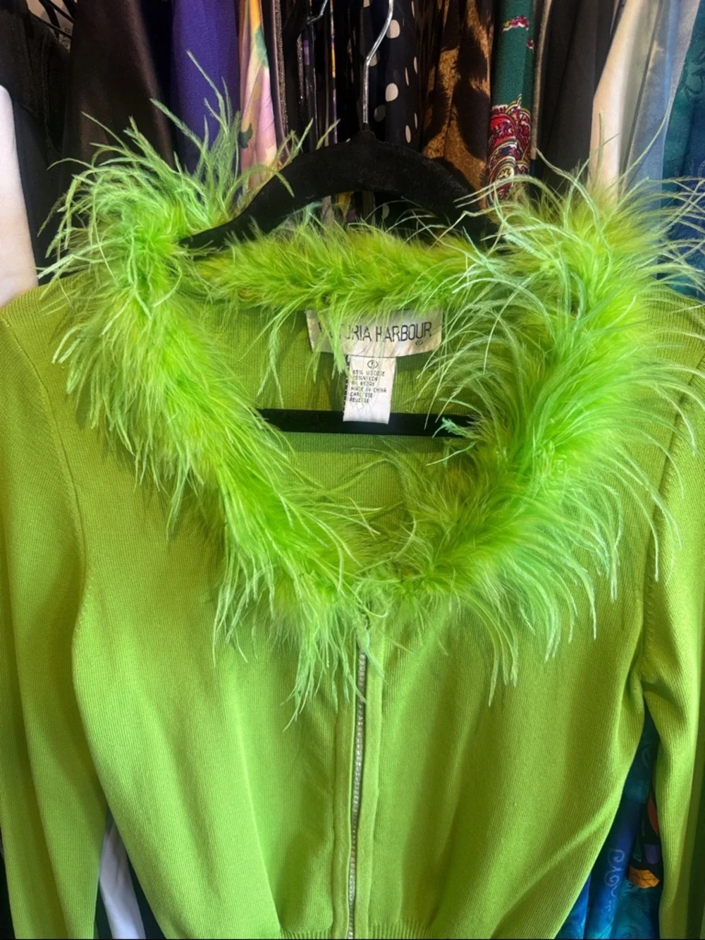 Y2K Lime Green Feather Trim Zip Cardigan - Picture 2 of 6